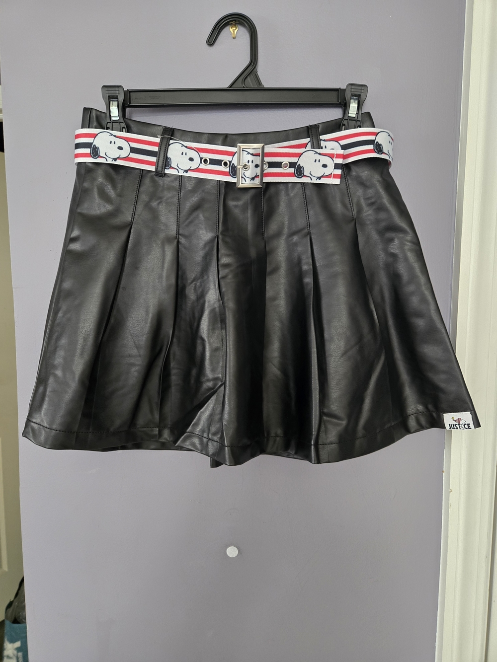 Justice Black Faux Leather Pleated Skater Skirt with Snoopy Stripe Belt